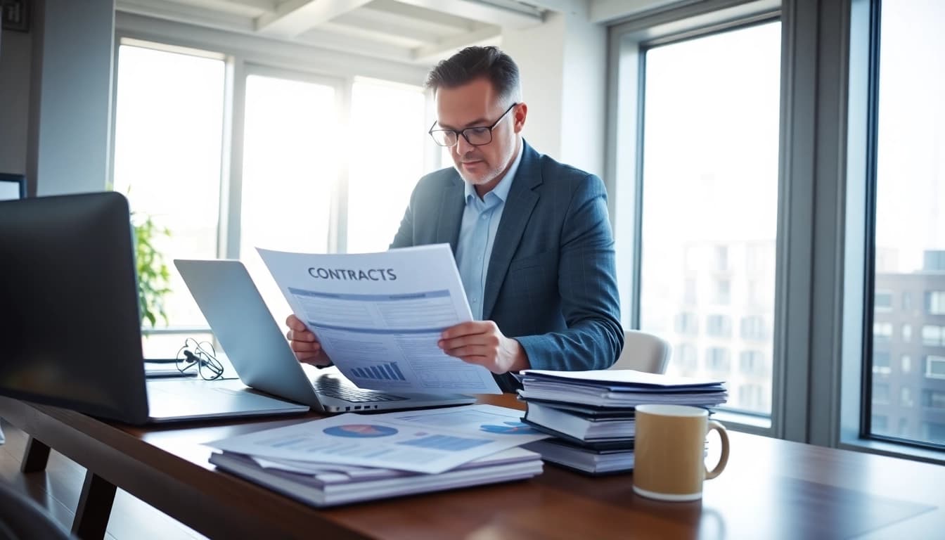 Streamlined contract management process showcasing a professional analyzing contracts.
