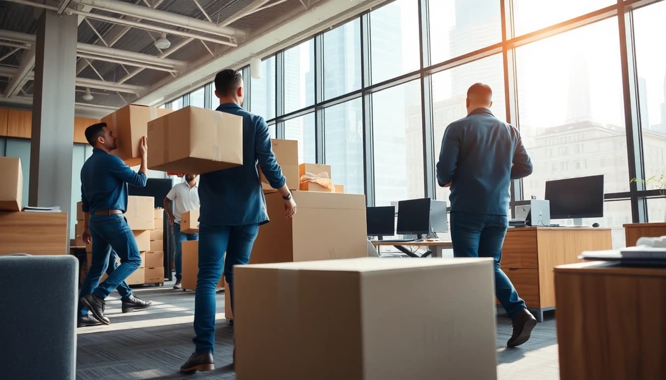 Movers showcasing Commercial Moving Services NYC efficiently in a vibrant office.