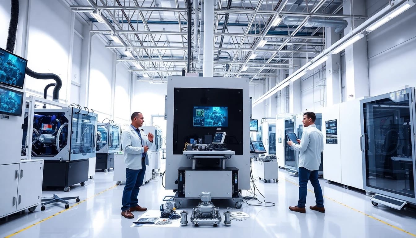 Engineers collaborating on Contract Manufacturing Services in a modern factory environment highlighting advanced machinery.