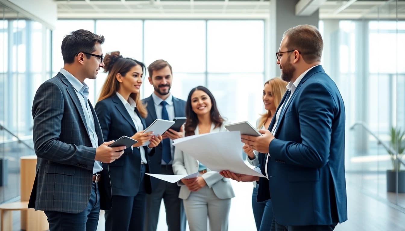 Explore corporate mobile plans UK in a dynamic office setting with professionals collaborating.