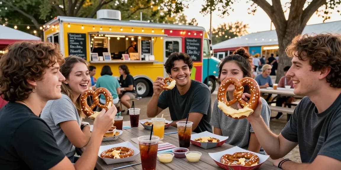 Best pretzel with cheese dip near me enjoyed by friends at a vibrant food truck park during golden hour.