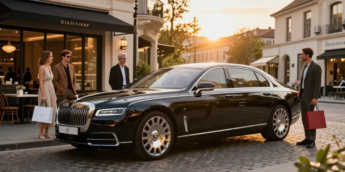 LUXURY 777 dalam suasana rental mobil mewah, kendaraan menawan di lingkungan perkotaan, menampilkan gaya hidup glamor.