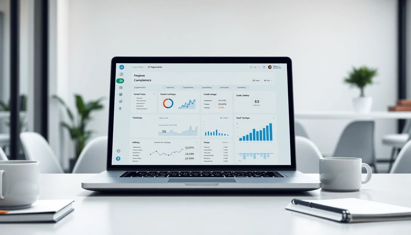 Utilizing the AI proposal compliance checker on a sleek laptop in a modern office.