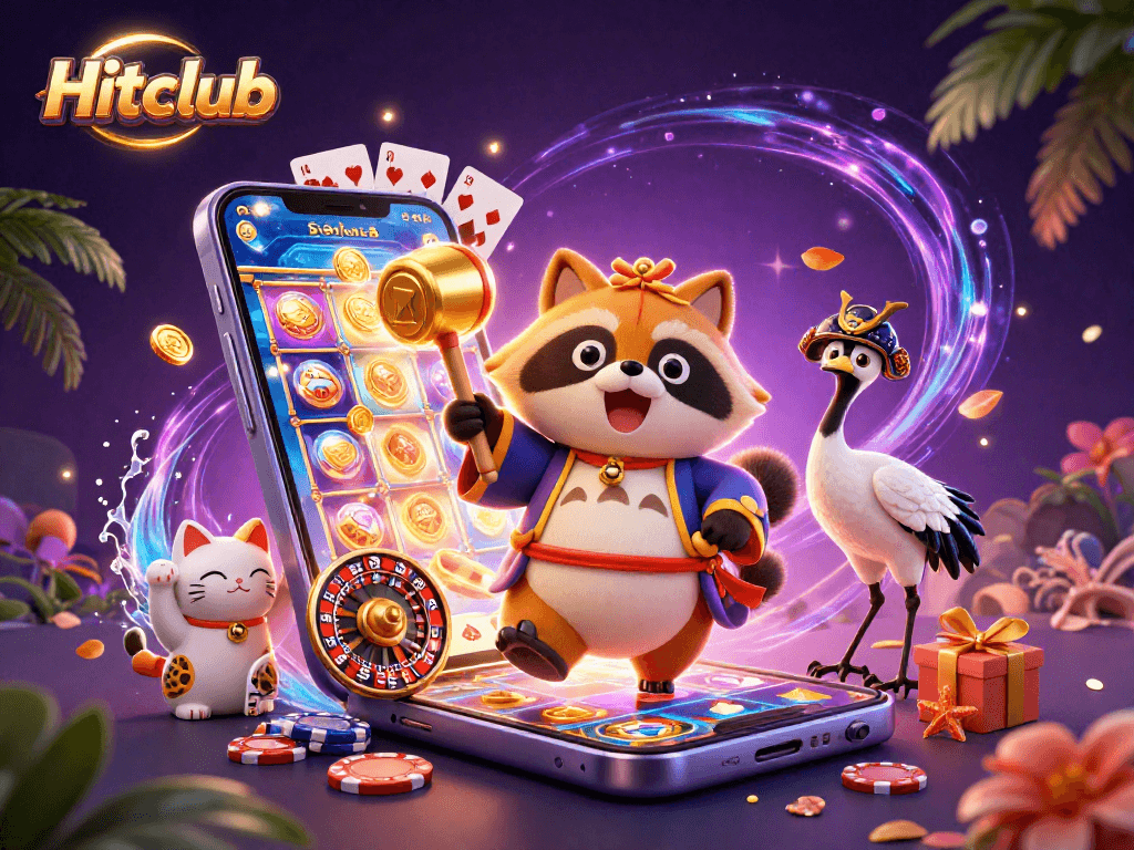 Hitclub brings luck with a colorful slot game and cheerful festival characters in this vibrant scene.