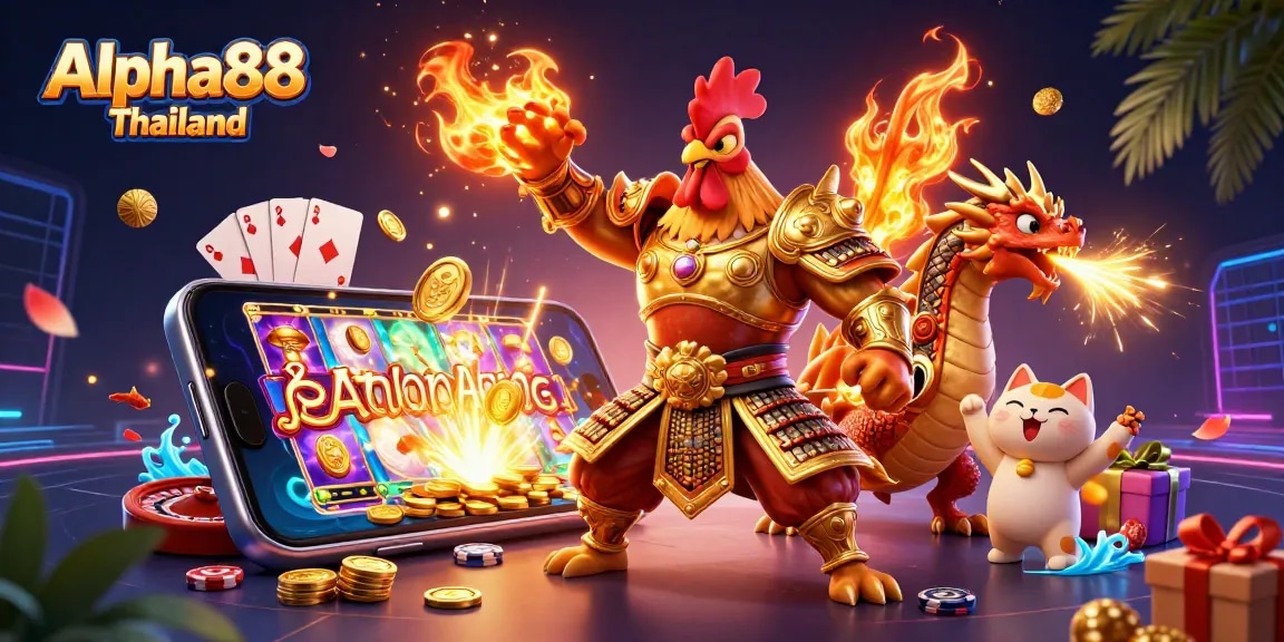 Engage with the thrilling Alpha88 Thailand gaming experience featuring a rooster warrior and dragon hatchling.