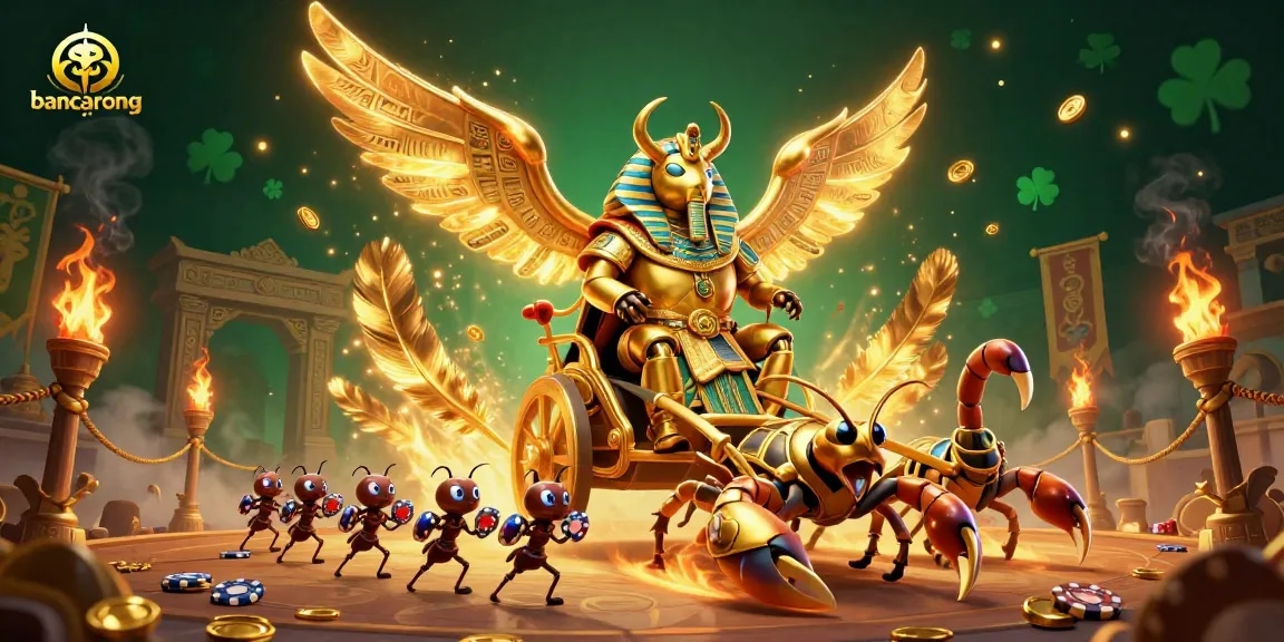 Engage in thrilling gameplay at bancarong with a vibrant casino scene featuring a golden scarab and scorpions.