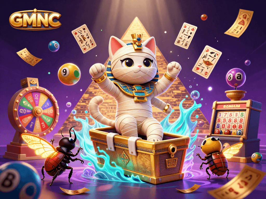 Witness GMNC's thrilling casino adventure with a mummy cat and vibrant game elements.