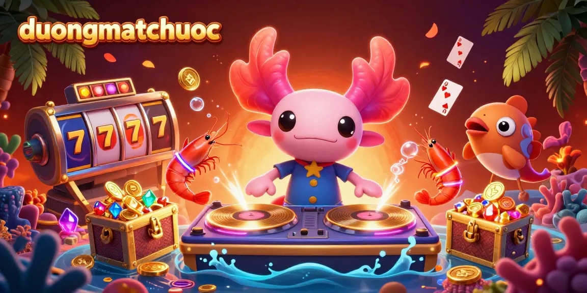 Engage with duongmatchuoc's vibrant casino scene featuring an axolotl DJ and lively aquatic characters.