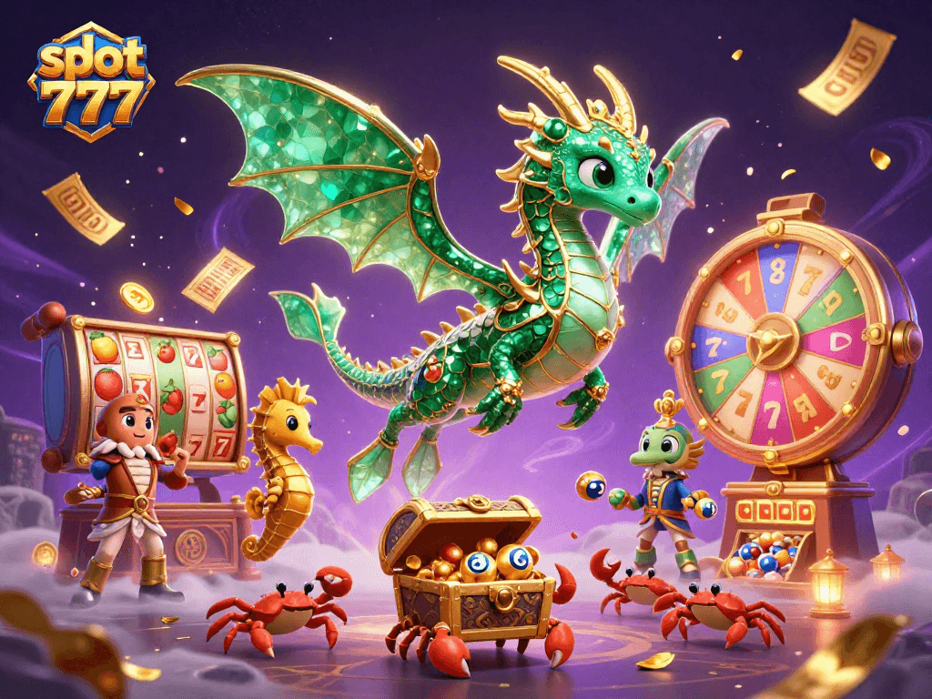 Experience slot 777 excitement with a vibrant 3D cartoon scene filled with dragons and jackpots.