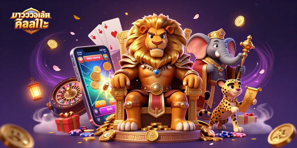 Play exciting baccarat with "บาคาร่าวอเลท คืออะไร," featuring a lion king and casino elements.