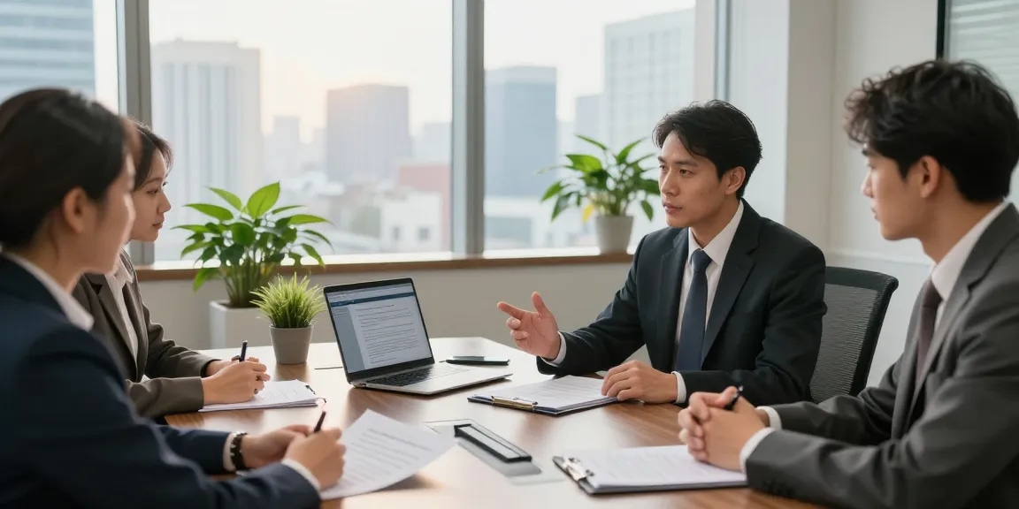 Look at these guys discussing legal matters in a modern law firm setting.