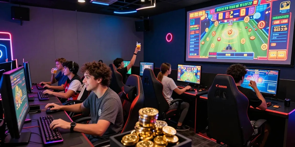 Excited players engaging in slot mpo gameplay in a vibrant gaming lounge with colorful lighting.