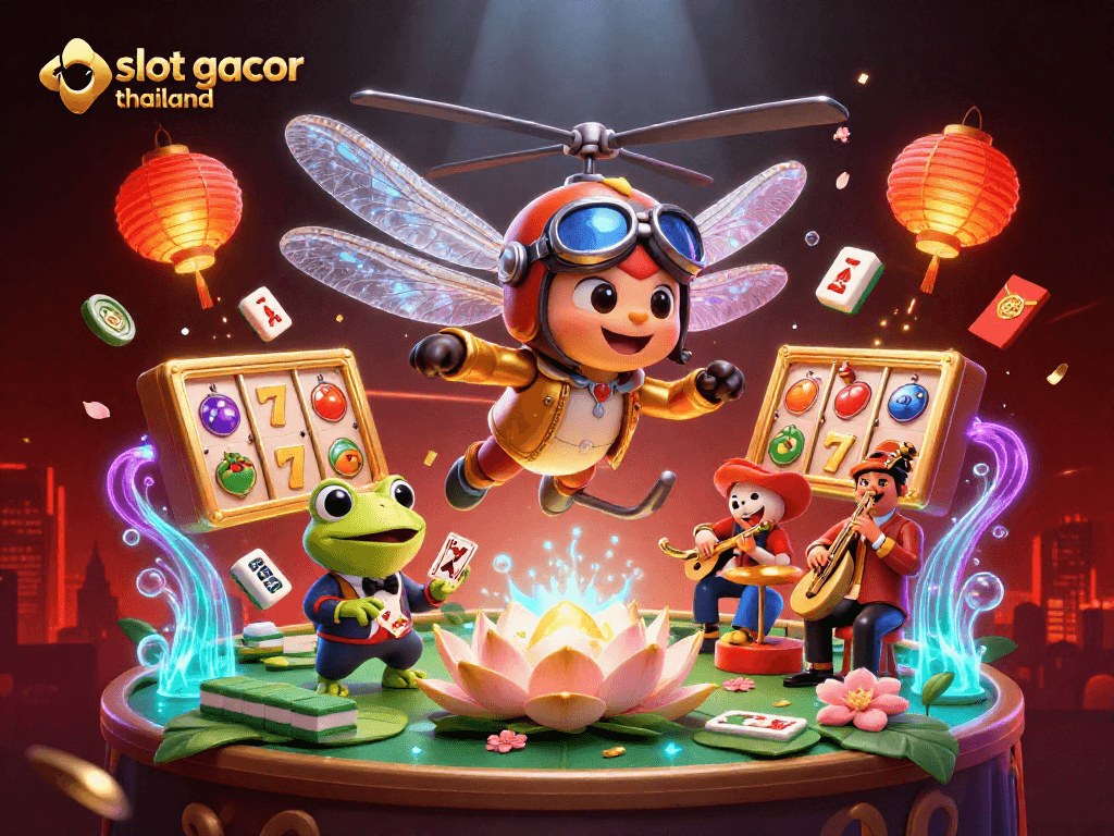 Experience the thrill of slot gacor thailand with dynamic 3D casino characters amidst vibrant gaming icons.
