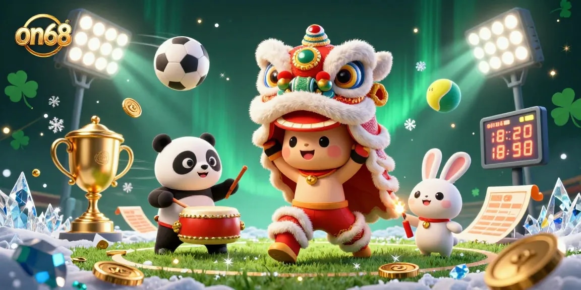 Experience on68 sports betting excitement with our dynamic 3D illustration featuring a lucky lion dance.