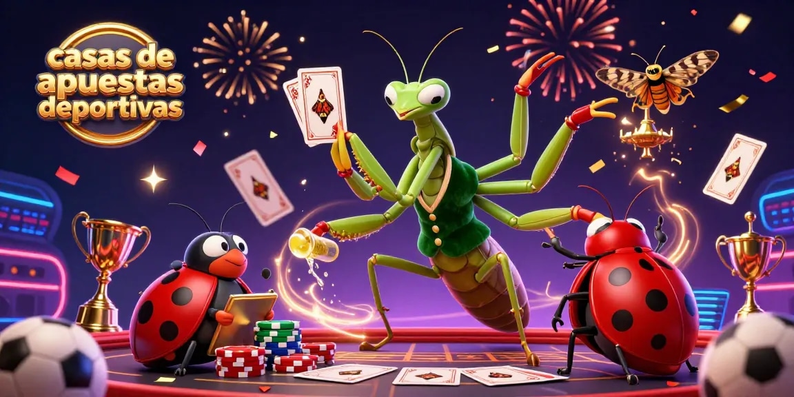 Explora las casas de apuestas deportivas con un mantis y una mariquita en un dinámico entorno de apuestas.