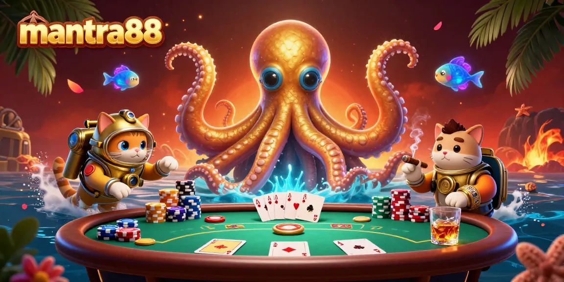 Engage in winning strategies with mantra88 at this vibrant online casino scene featuring a colossal kraken and poker elements.