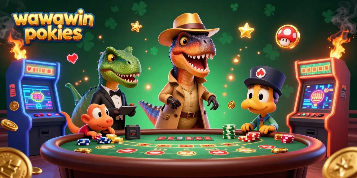 Engage with wawawin pokies in a vibrant gambling scene featuring a dinosaur themed casino adventure.