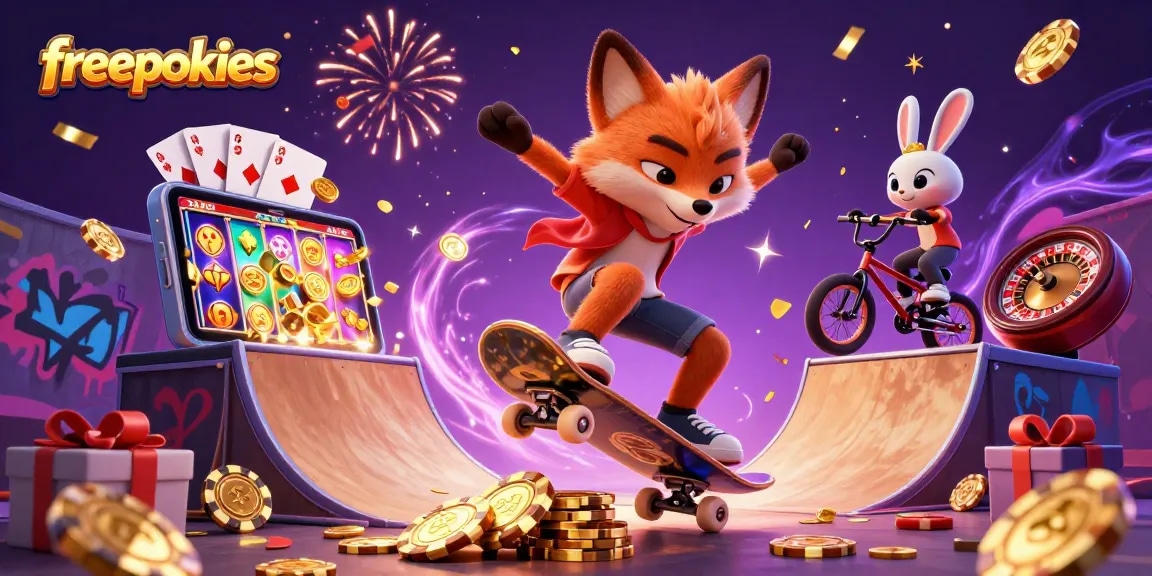 Explore freepokies with a 3D skateboarder fox and BMX rabbit amid casino symbols.