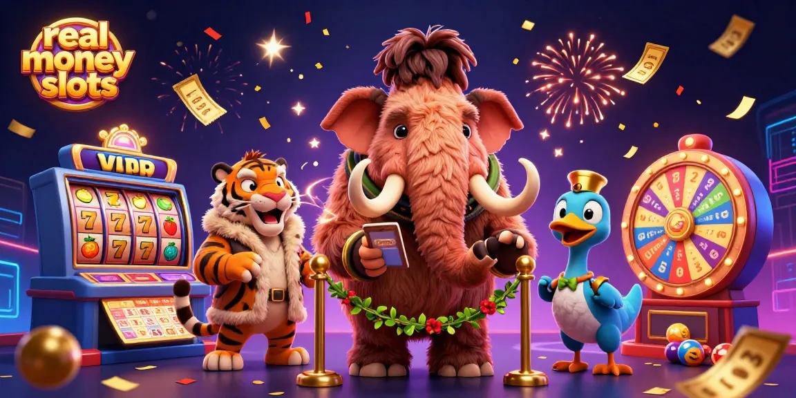 Engage in exciting real money slots with stunning characters in a vibrant casino scene.