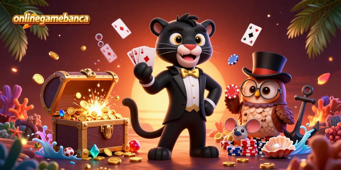 Experience the excitement at onlinegamebanca with a stylish 3D panther dealer surrounded by vibrant casino elements.