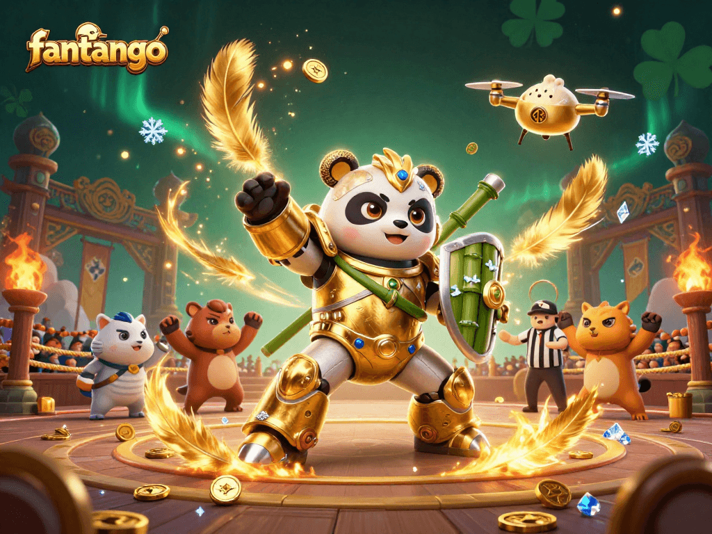 Engage in fantango excitement as a golden panda piloting a robot battles in a vibrant casino arena.