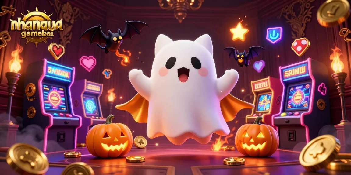 Engage in strategic play at nhanquagamebai with the ghost cat in a lively casino scene.
