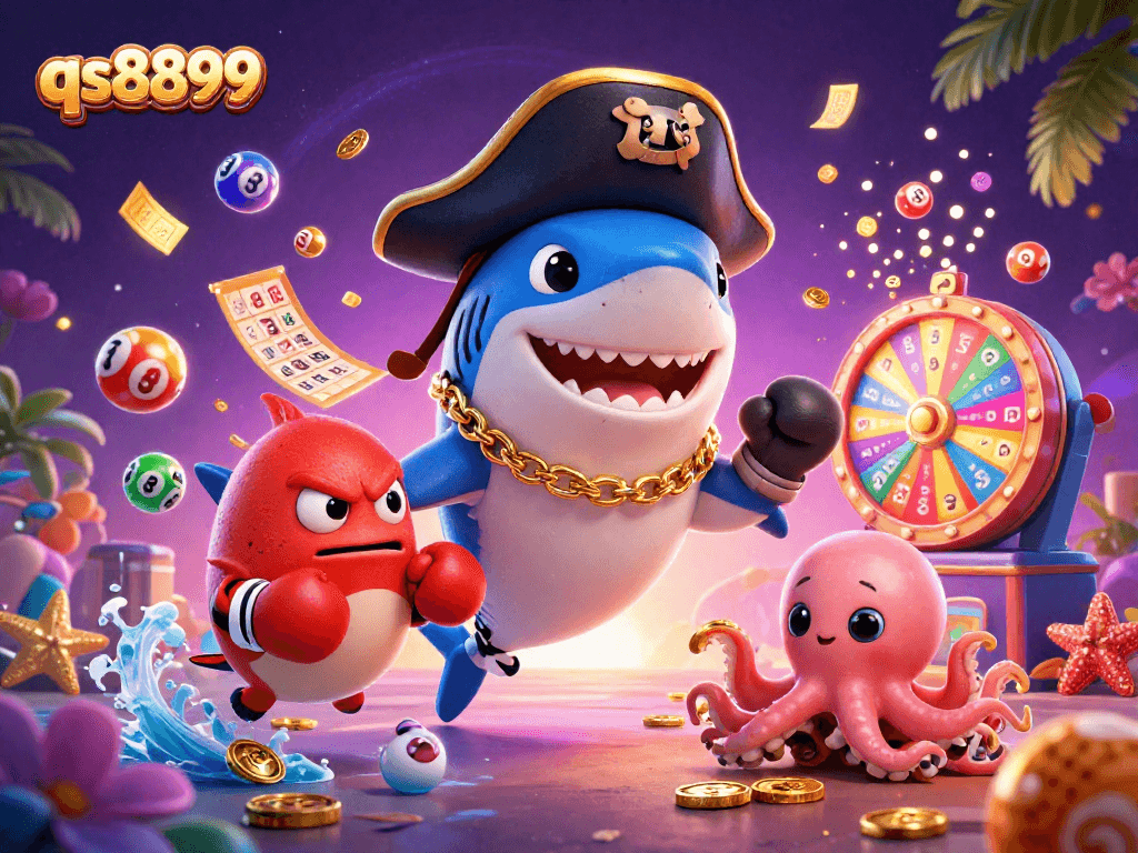 Engage with pages at qs8899 and explore vibrant lottery games featuring cartoon sharks and colorful balls.