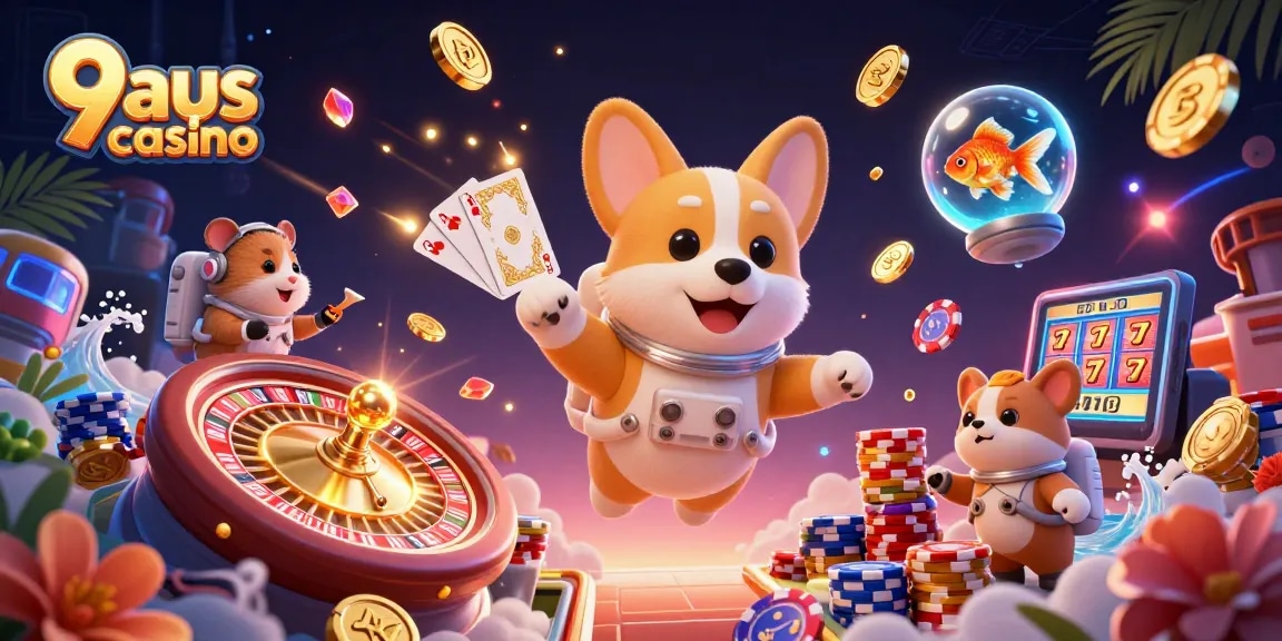 Engage in action at 9aus casino with a vibrant scene of floating characters and dynamic gaming elements.