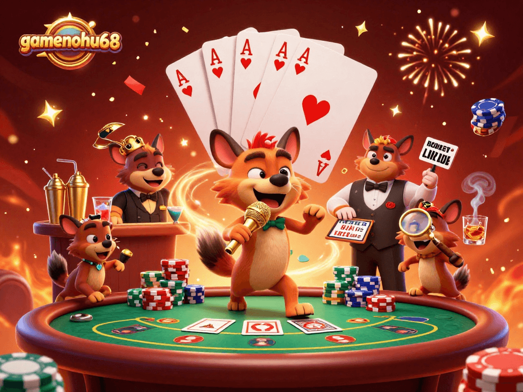 Experience the comedic vibe at gamenohu68 with hyenas hosting a lively casino scene.