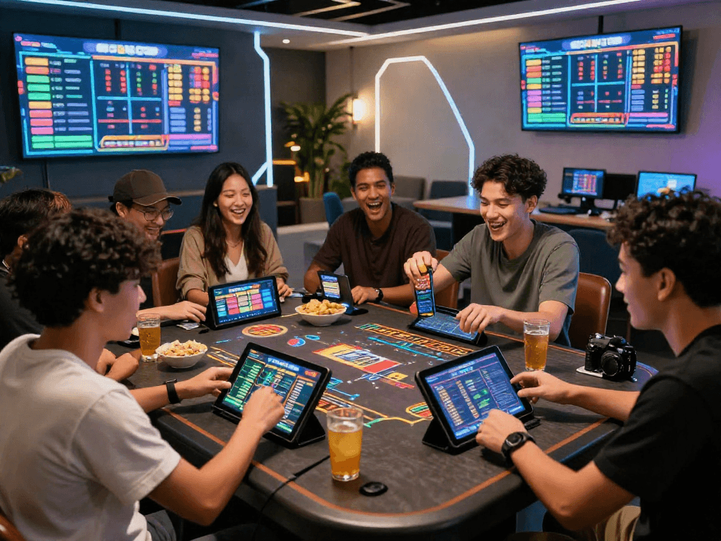 Friends enjoying a lively situs toto gaming session at a modern lounge.