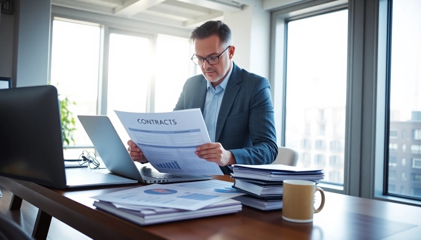 Streamlined contract management process showcasing a professional analyzing contracts.