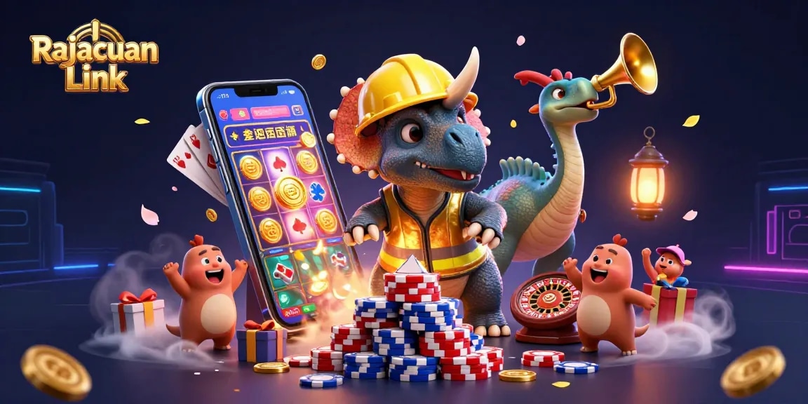 Rajacuan Link menunjukkan fitur permainan slot dengan simbol dan koin emas yang berkilau.
