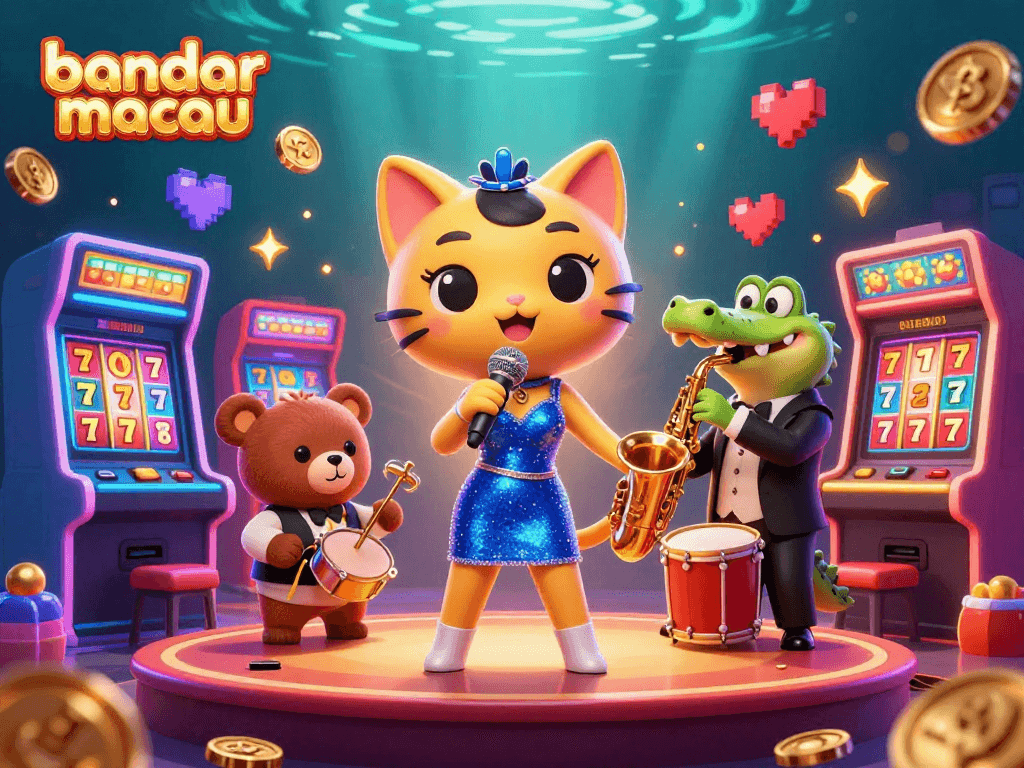 Experience the excitement at bandar toto macau with dynamic slot machines, jazz characters, and vibrant casino elements.