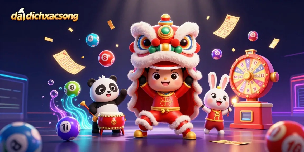 Experience daidichxacsong's vibrant lottery scene with characters amid colorful elements and dynamic gambling features.