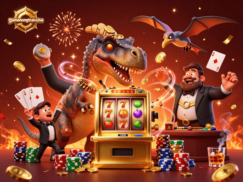 Eye-catching scene with gamenongtraivuive showcasing a pachycephalosaurus winning jackpot coins in an exciting cartoon casino.