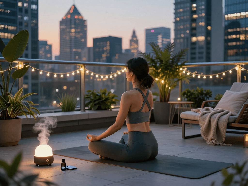 Individual practicing mantra88 mindfulness meditation on a rooftop terrace.