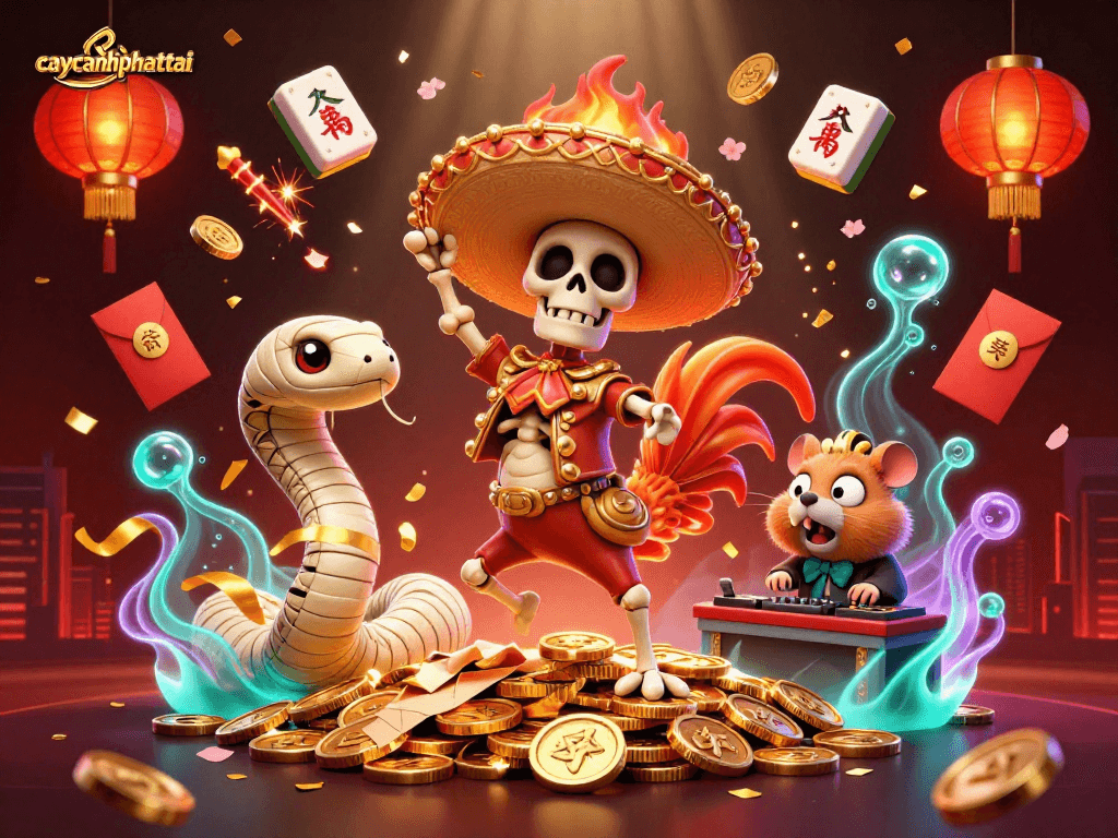 Experience the excitement of caycanhphattai with vibrant characters celebrating on golden coins.