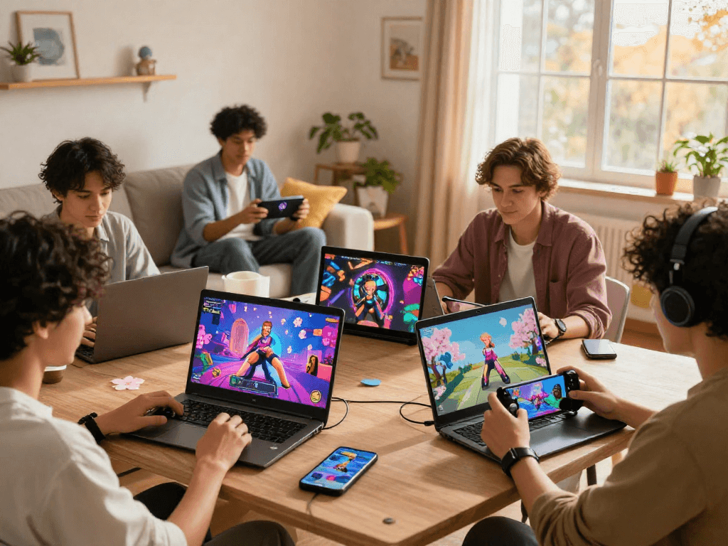 Engaged players enjoying popular porn games online on various devices in a cozy living room setting.