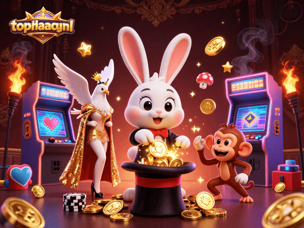 Experience the thrill of gaming at topnhacaiuytinn with a magician rabbit, assistant dove, and a playful monkey.