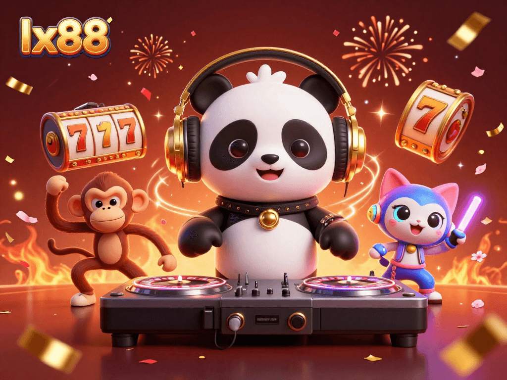 Experience the thrilling world of lx88 with a DJ panda and animated casino elements in vibrant 3D
