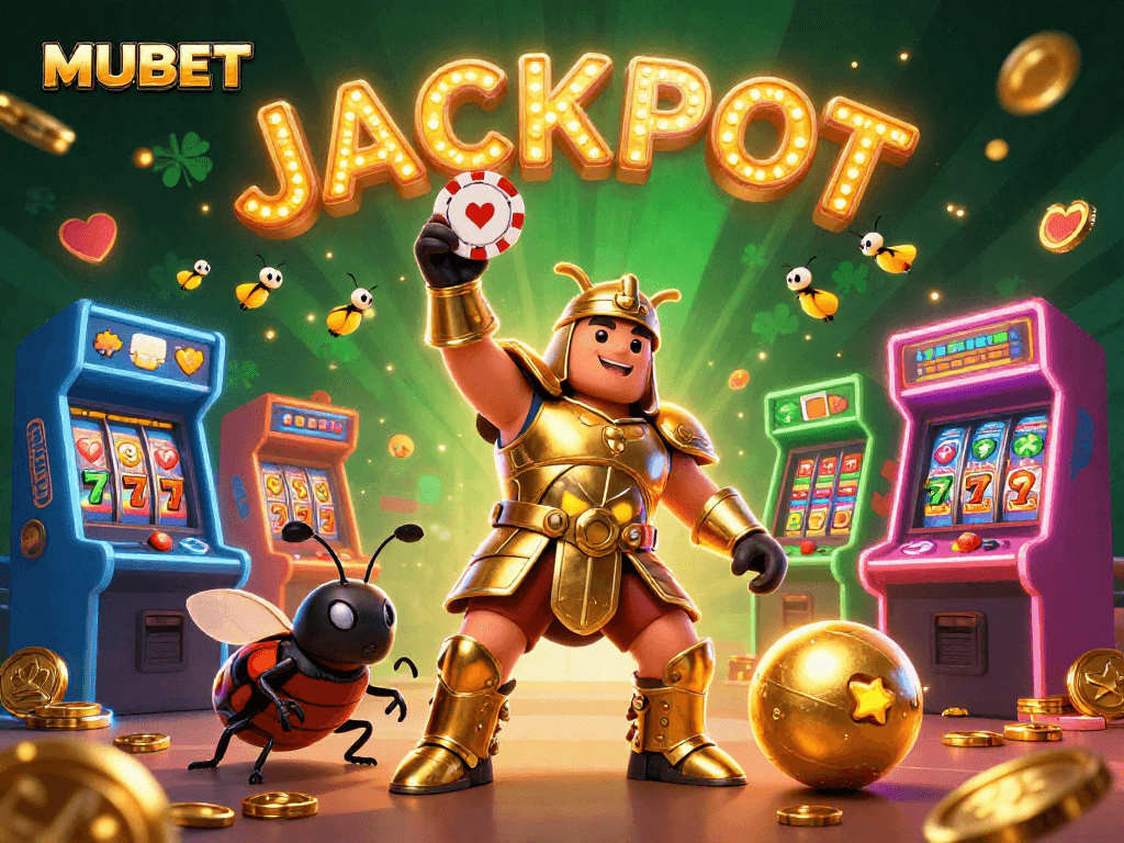 MUBET reveals thrilling casino adventure with vibrant characters celebrating a jackpot victory amid glimmering gaming elements.