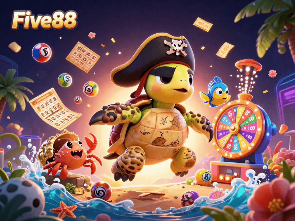 Experience the vibrant gaming adventure of Five88 with a cartoon pirate turtle amidst dynamic lottery elements.