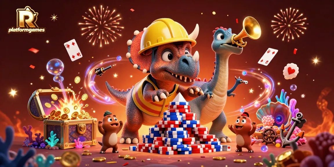 Experience thrilling casino action on platformgames with 3D characters celebrating gaming wins.