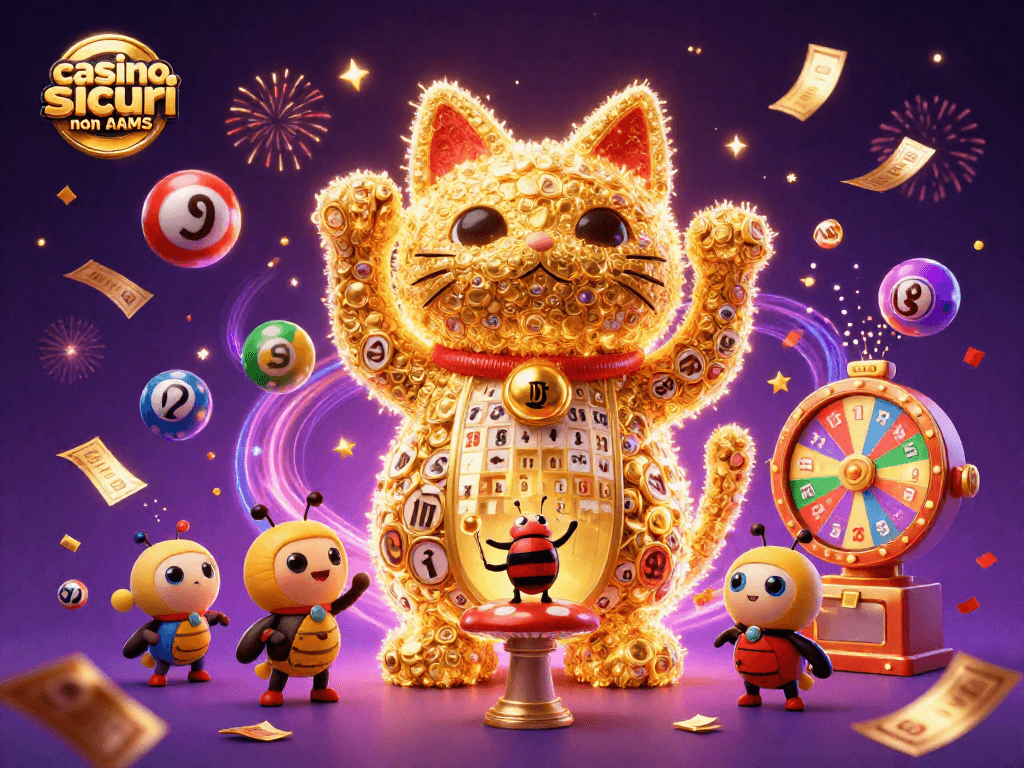 Scopri i casino sicuri non AAMS protagonisti in una festosa celebrazione virtuale con simboli del gioco d'azzardo.