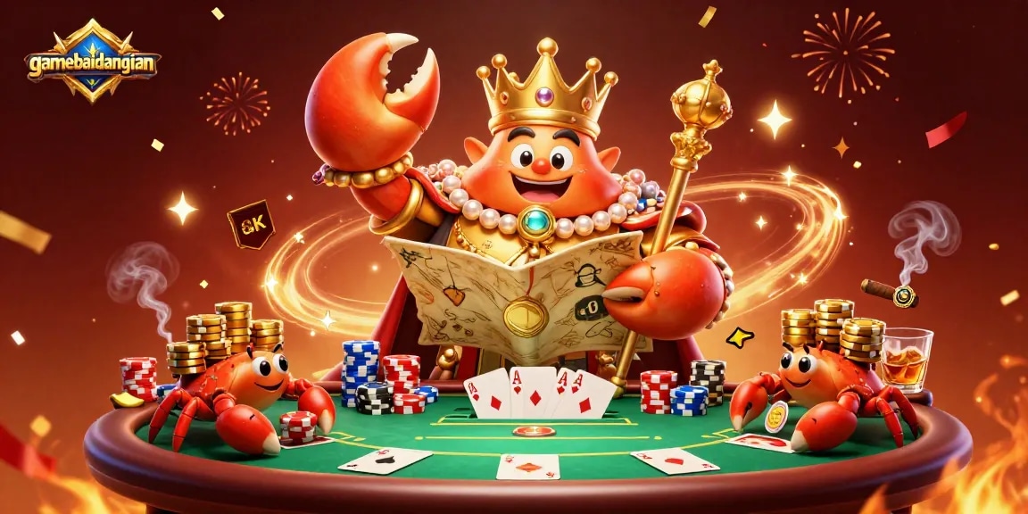 Experience gaming excitement with the gamebaidangian 3D illustration of a golden crab emperor amidst rich casino elements.