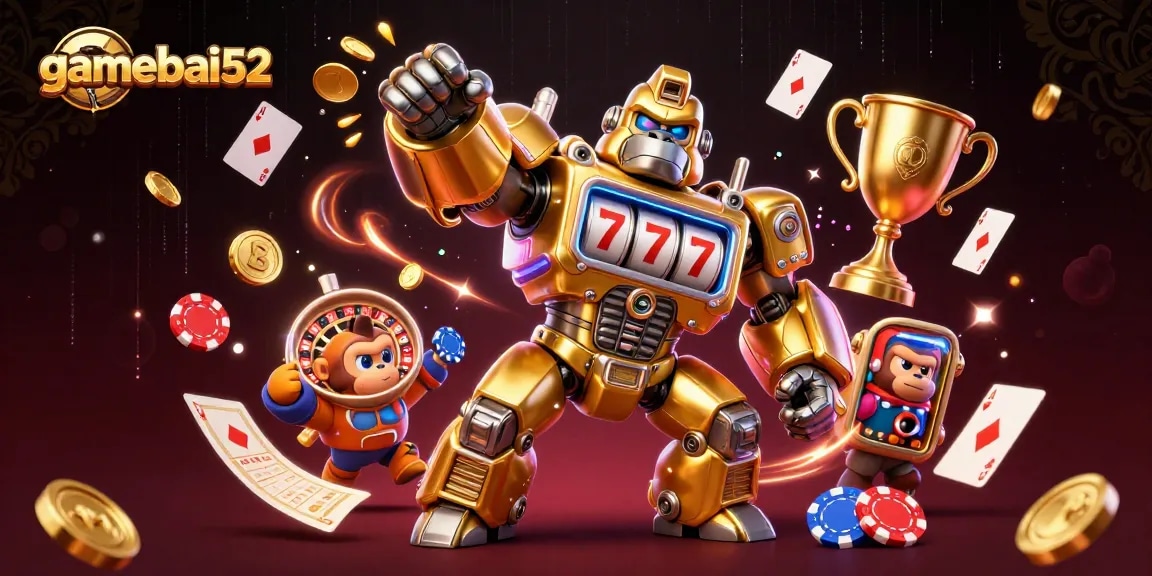 Experience thrilling gameplay at gamebai52, featuring an electrifying golden gorilla mech amid casino action.
