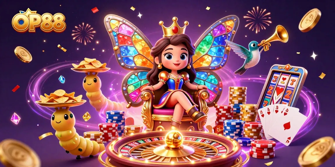 Experience the excitement of OP88 with enchanting characters and vibrant casino elements.