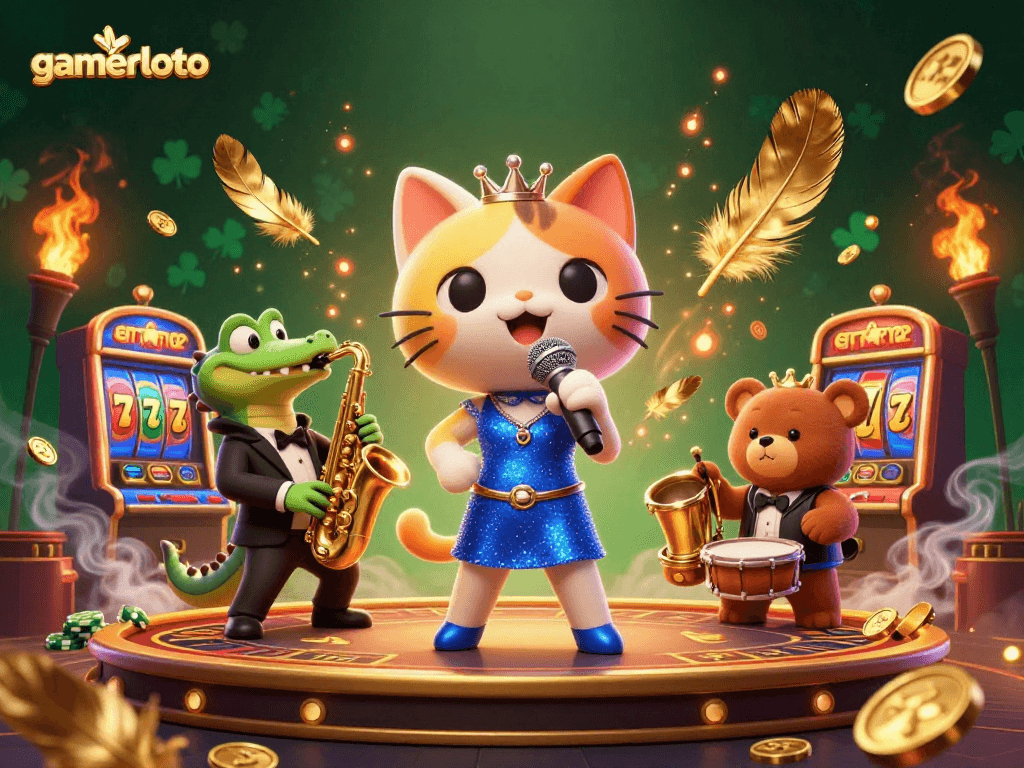 gamerloto showcases a vibrant 3D casino scene with animated characters, slot machines, and golden gaming elements.