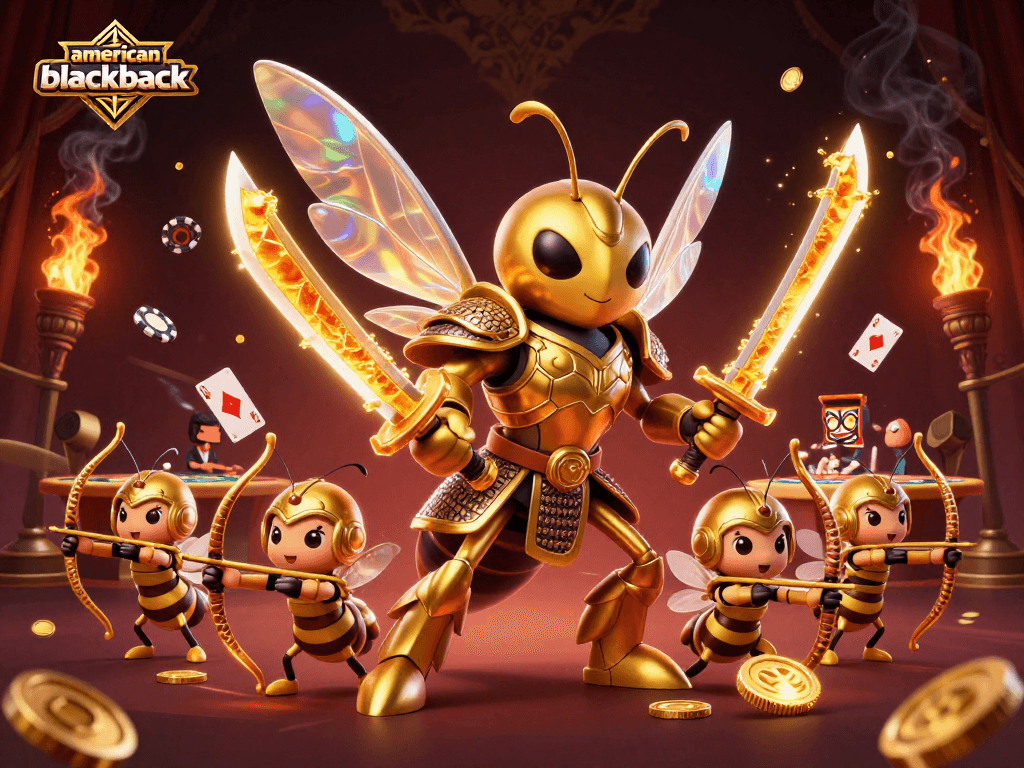Experience the excitement of american-blackjack with a dynamic casino scene featuring whimsical characters and game elements.