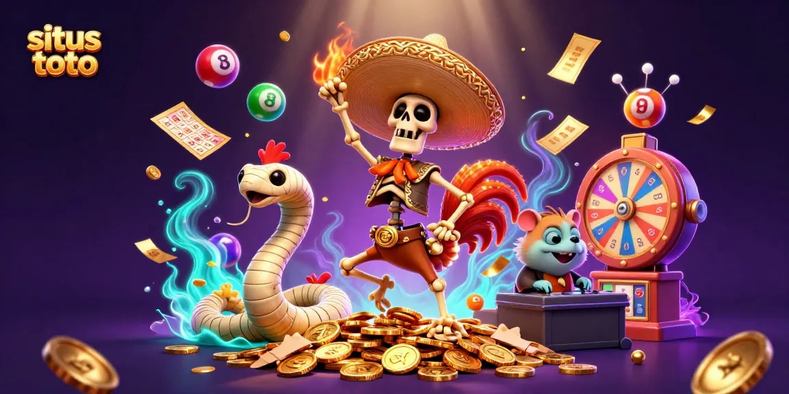 Menggambar suasana aktif bermain situs toto dengan karakter unik, bola lotere beraneka warna, dan sinar terang.
